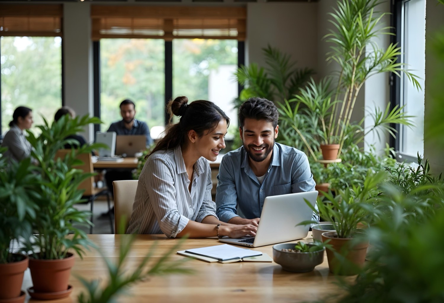 A team collaborating in a modern biophilic office